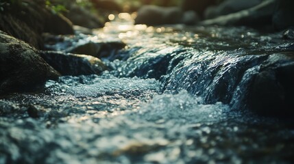 A calming close-up of a peaceful mountain stream with rhythmic flowing water, gentle lighting,