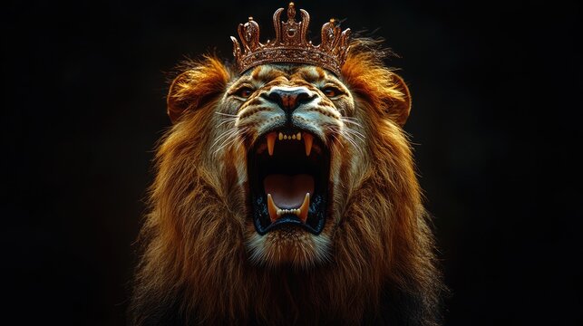 A majestic lion with a golden crown roars against a dark background.