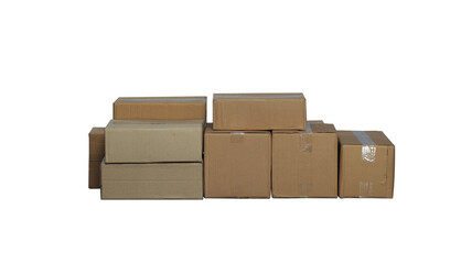 Stacked cardboard Box isolated on white background. Delivery  Logistic packaging from shopping. Moving out move house stuffs, donation stuff. Front straight angle
