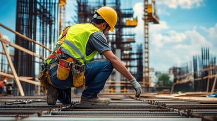 Naklejka premium Construction Worker Examining Rebar at a Construction Site