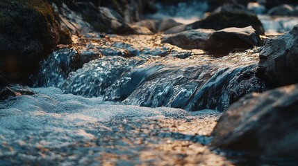 Naklejka premium A calming close-up of a peaceful mountain stream with rhythmic flowing water, gentle lighting,