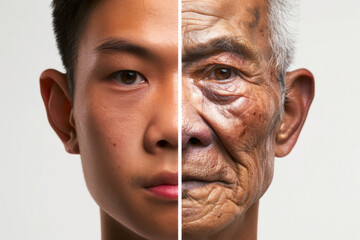 Split face of young and old Chinese men symbolizing aging concept