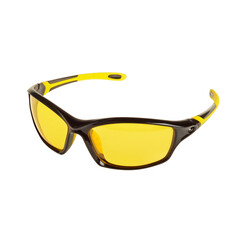 Sport sunglasses with yellow lenses close up isolated on transparent background. Glasses for drivers and cyclists
