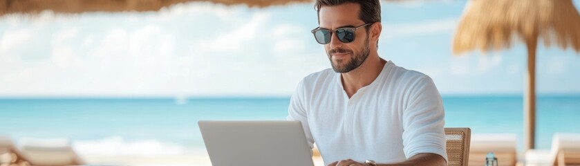 Fototapeta premium Digital nomad entrepreneur working on a laptop at a luxury resort, ocean waves in the background, symbolizing success and freedom, entrepreneur, digital nomad travel