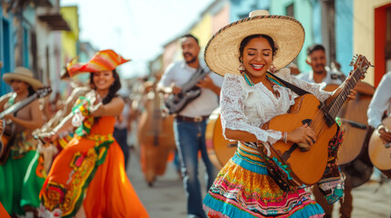 Festive street scene with smiling people in traditional Mexican clothing singing and dancing