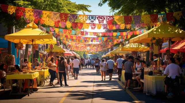 Fototapeta Colorful national hispanic heritage month market street with traditional decorations and people