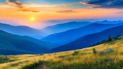 Mountains during sunset. Beautiful natural landscape in the summer time