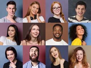 Collage of different happy people. Set of male and female positive portraits. Young people smiling at camera on colorful studio backgrounds
