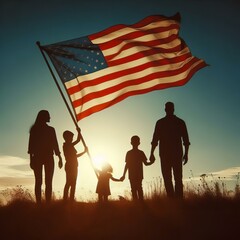 Silhouette of a United Family Holding the USA Flag at Sunset: Symbol of Unity and Patriotism | High Resolution Large Image at 300 DPI