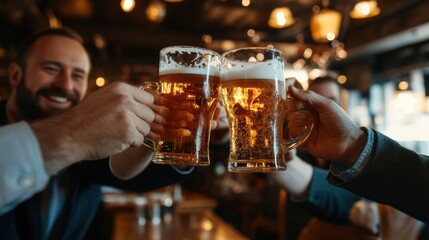 Group of men in business suits raising their glasses of beer, smiling and clinking glasses to celebrate successfully completed project, deal.