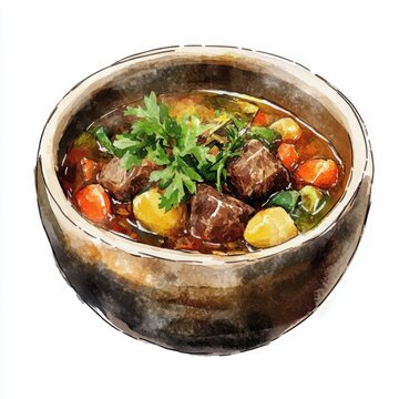 watercolor stew bowl, brown, food, close-up clip art preview