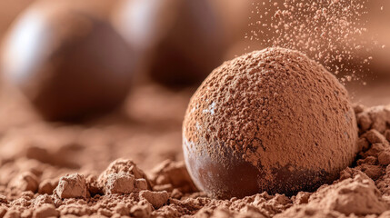 A close up of chocolate truffle showcases its smooth, rich texture, surrounded by cocoa powder, evoking sense of indulgence and delight