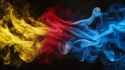 Fototapeta premium National flag of Democratic Republic of the Congo made from colored smoke isolated on black background. Abstract silky wave background.