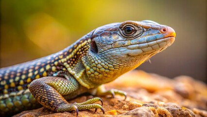 Fototapeta premium The plated lizard rests calmly on a rock, its scaly skin glistening in the light.