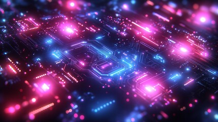 Fototapeta premium Futuristic abstract background with glowing circuits, neon blue and purple hues, technology-inspired vector design