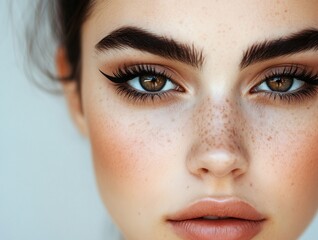 beautiful girl model looking straight ahead, eye makeup: clearly defined cat eye eyeliner, thick eyebrows emphasizing facial features, brown eyes, commercial shooting
