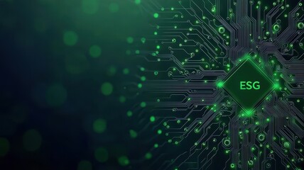 A digital circuit background featuring the acronym ESG, highlighted in green, symbolizing sustainable technology and responsible investing.