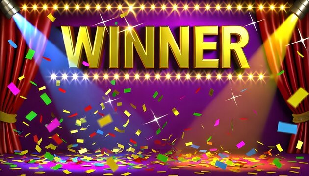 Winner announcement on a festive stage with colorful confetti