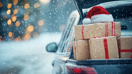 A car with a trunk full of presents gifts and santa hat for Christmas. Car gifts box snow holidays. Xmas shopping and preparation.