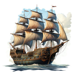  illustration of an old wooden pirate sailing ship isolated