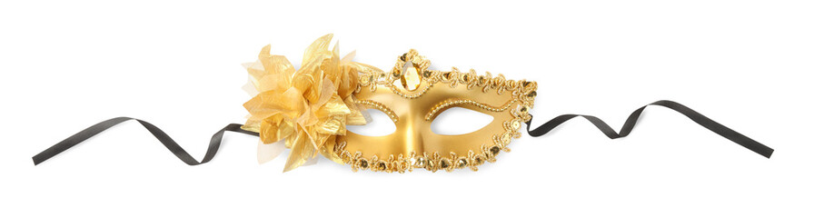 Beautiful golden carnival mask isolated on white, top view