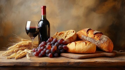 Naklejka premium Grapes wheat bread and wine in a wood table