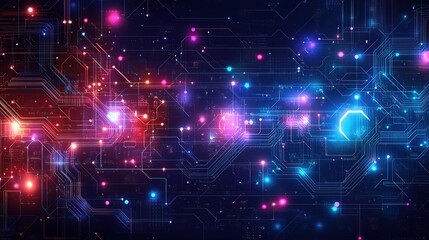 Obraz premium Futuristic abstract background with glowing circuits, neon blue and purple hues, technology-inspired vector design