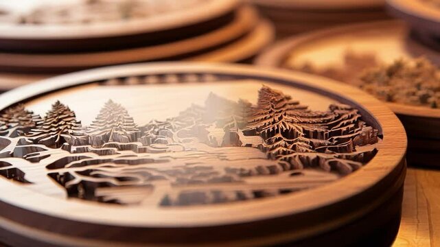Woodworker creating wooden coasters with laser engraving, showcasing a forest design. Crafted with precision and skill, it's a unique gift or rustic home decor