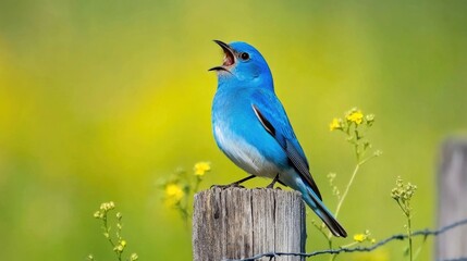A Mountain Bluebird Singing on a Fence Post