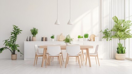 Stylish dining room interior design with dining table. Workspace with kitchen accessories on the background. Creative walls white and wooden pannels. Minimalistic style an plant love concept.
