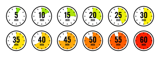 Stopwatch icons. Colorful simple chronometer, time counter with dial. Countdown timer showing hours and minutes. Deadline, measurement for sport. Cooking time label, sticker. Vector illustration