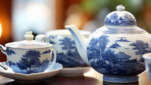 Elegant blue and white porcelain tea set on wooden table, creating cozy atmosphere. Perfect for warm tea time at home or adding culture to kitchen. Ideal for christmas decor