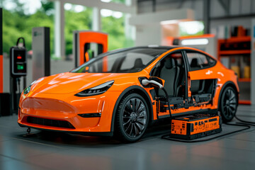 Fototapeta premium Orange electric car at charging station with exposed internal battery system
