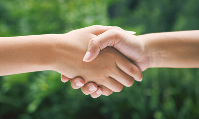 Outdoor, closeup and people with handshake for greeting, support and motivation with solidarity trust. Nature, friends and partnership with shaking hands for agreement, connection and success by zoom