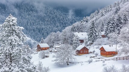 Naklejka premium Winter Landscape with Small Village Houses Between Snow Covered Forest in Cold Mountains. Giresun - Turkey