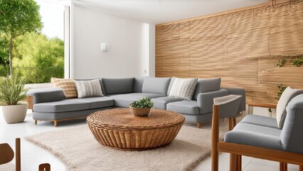 Interior of light living room with sofas, rattan table and soft carpet