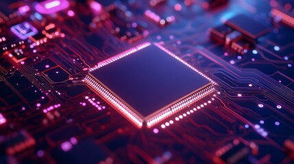 Beryllium copper board with complex circuits, surrounded by soft neon blue and purple hues, inside a cutting-edge medical device, ultra-modern, 3D rendering, sharp focus