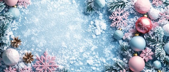 Festive Winter Holiday Background with Snowflakes, Pine Branches, and Christmas Ornaments in Pastel Colors