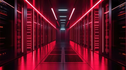 Obraz premium A long, narrow corridor with red and white neon lights, lined with rows of servers in a data center.