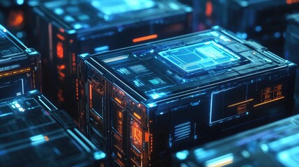 Obraz premium Abstract futuristic blue and orange glowing cubes with digital interface.