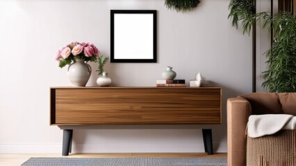 Cozy and stylish interior of living room with mock up poster frame, wooden console, flowers in vase, decorations and personal accessories. Modern home decor