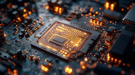 Obraz premium Beryllium copper circuitry at the heart of a high-frequency communication hub, vibrant electrical pulses traveling across the board, sleek and modern design