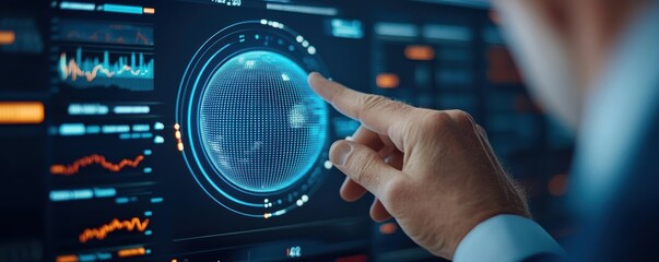 Professional investor examining a globe surrounded by spinning financial opportunities represented by various sectors, global investment, capital exploration