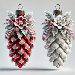 Red and white Christmas pine cone decorated with frosted snowy flowers and bows on white isolated background, 3d