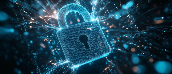 A digital padlock with binary code and futuristic circles on a blue and white background, concept of cybersecurity, Ai generated 