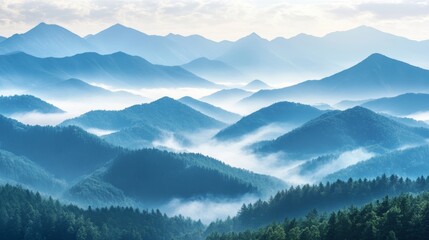 Beautiful landscape with cascade blue mountains at the morning - View of wilderness mountains during foggy weather