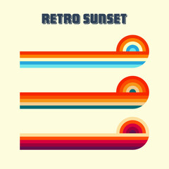 Obraz premium Horizontal vintage sunsets. Various colorful striped sunrise badges in 80s and 90s style. Sun and ocean view, summer vibes, surfing. Design element, print, logo or t-shirt. Vector illustration