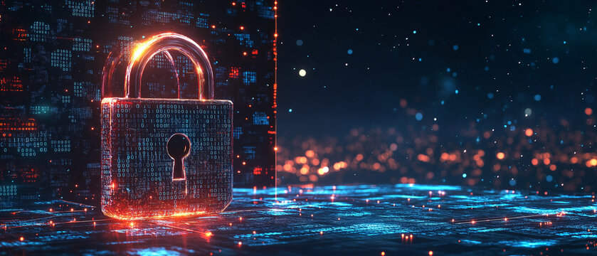 A digital padlock with binary code and futuristic circles on a blue and white background, concept of cybersecurity, Ai generated 