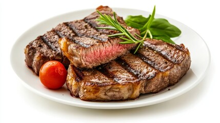 Beef steak served in plate on white background. Grilled steak medium rare.