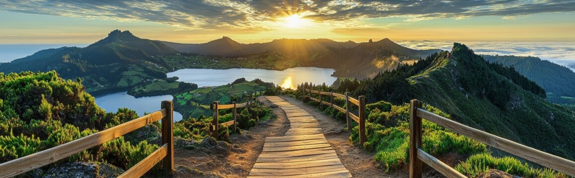 The mountainous landscape at Ponta Delgada, Sao Miguel Island, Azores, Portugal, with a hike trail and views of picturesque lakes